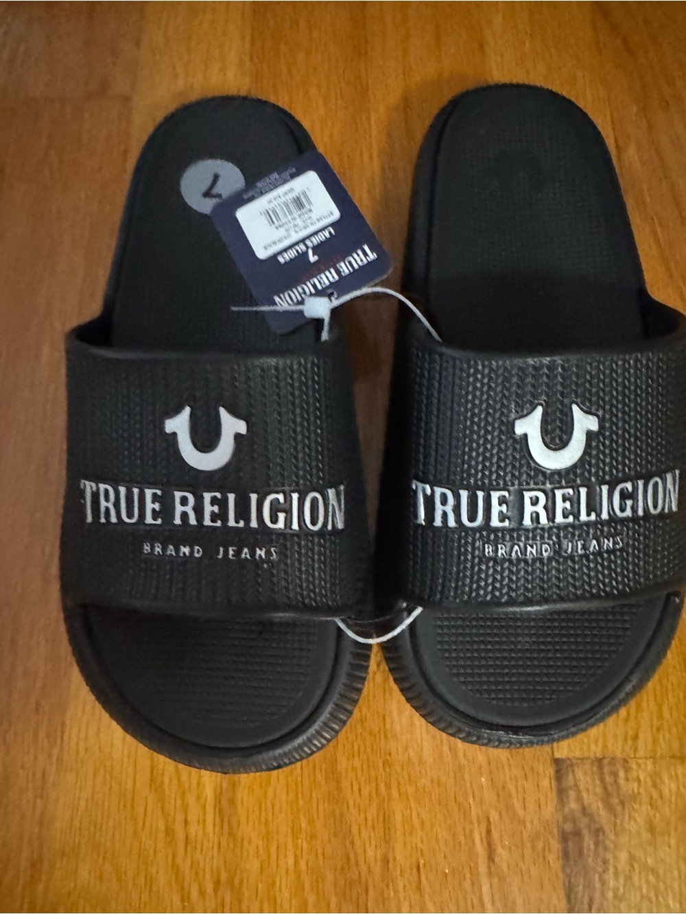 NWT True Religion Woman’s Black Slide Sandals with White Logo